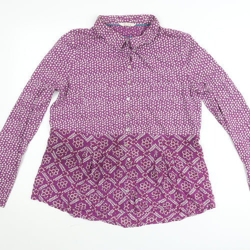White Stuff Women's Purple Button-Up Blouse UK 14 Cotton Long Sleeve Bohemian Top