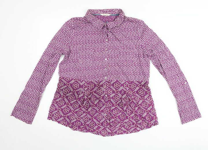 White Stuff Women's Purple Button-Up Blouse UK 14 Cotton Long Sleeve Bohemian Top