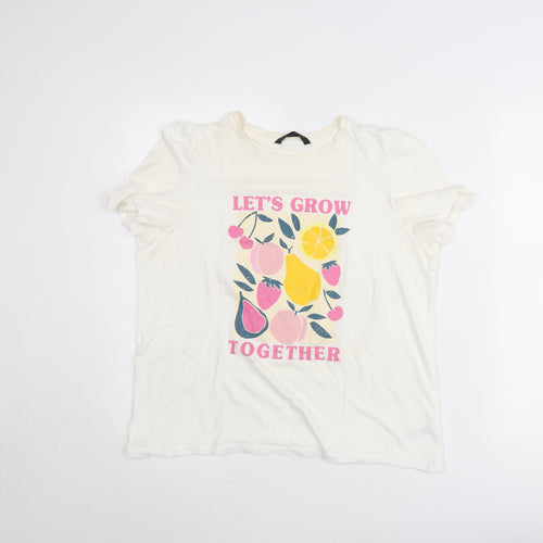 Dunnes Womens White Fruit Print Crew Neck Cotton T-Shirt Size 12
