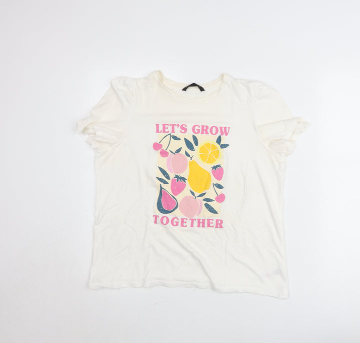 Dunnes Womens White Fruit Print Crew Neck Cotton T-Shirt Size 12