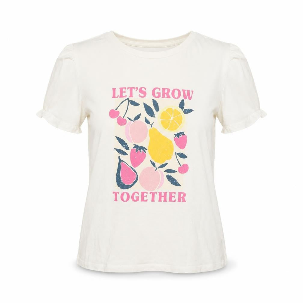 Dunnes Womens White Fruit Print Crew Neck Cotton T-Shirt Size 12