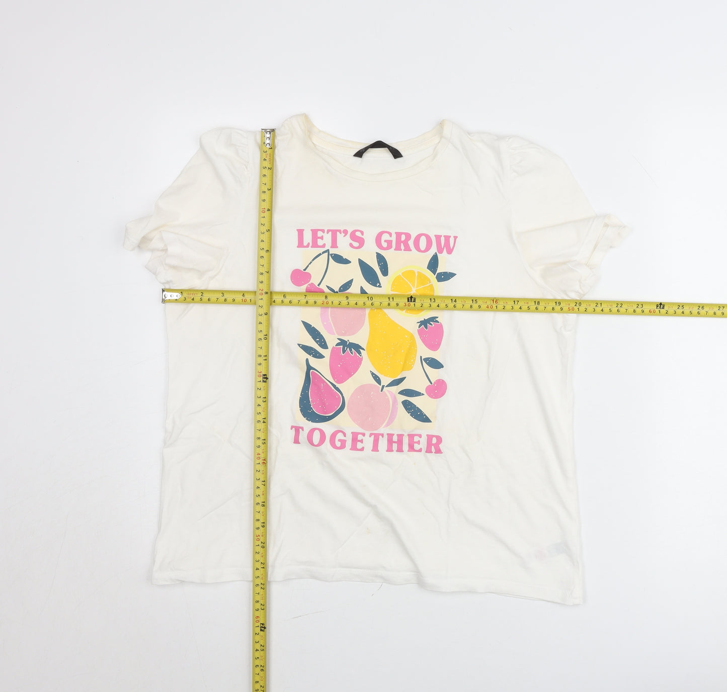 Dunnes Womens White Fruit Print Crew Neck Cotton T-Shirt Size 12