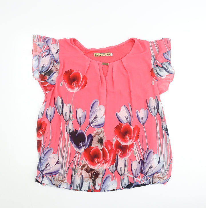 Pala D’Oro Women’s Pink Floral Chiffon Tunic Blouse Size L