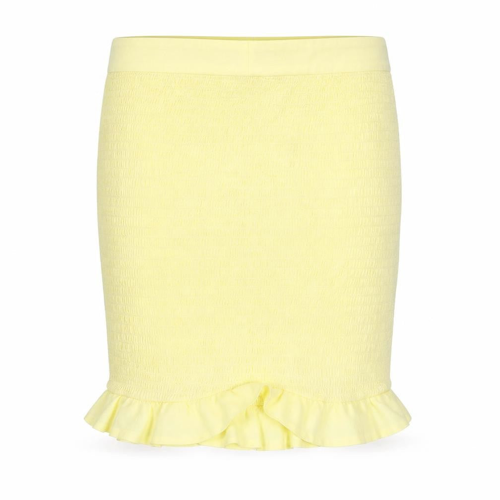 Front view of Oh Polly Women's Yellow Short Ruffle Stretch Skirt, size 10