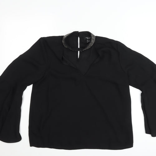 New Look Petite Black Beaded High Neck Bell Sleeve Blouse UK 12