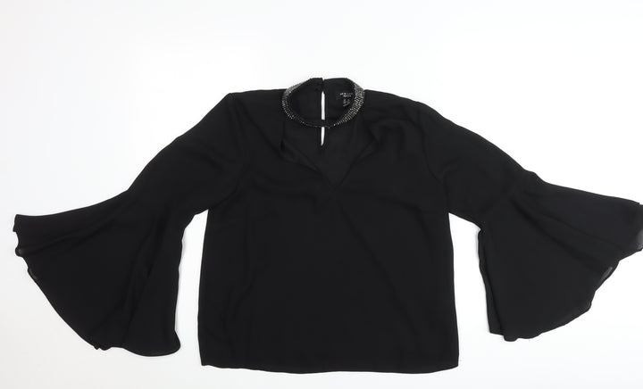 New Look Petite Black Beaded High Neck Bell Sleeve Blouse UK 12