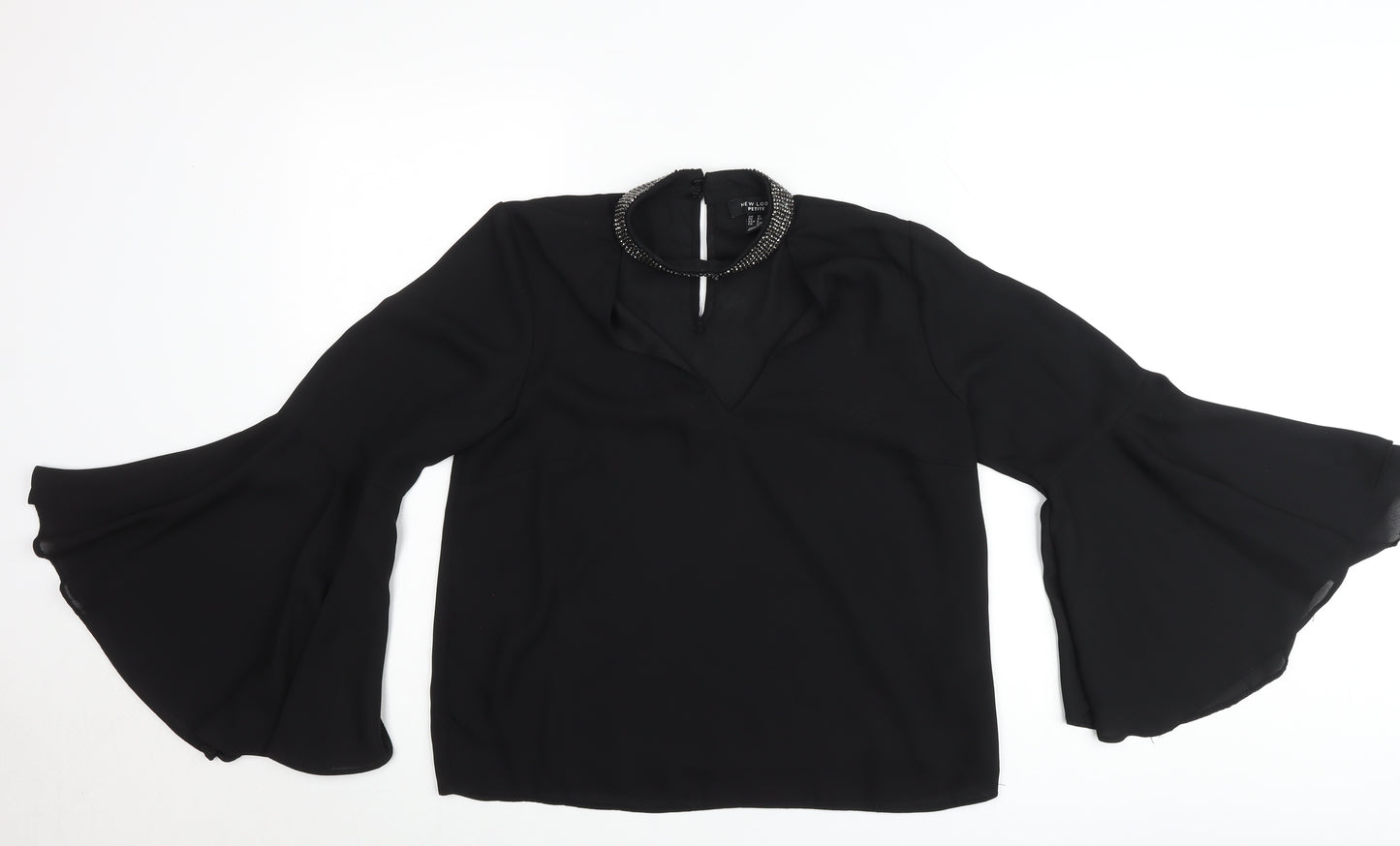 New Look Petite Black Beaded High Neck Bell Sleeve Blouse UK 12