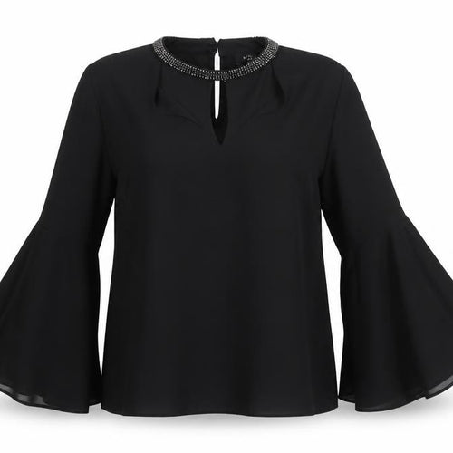 New Look Petite Black Beaded High Neck Bell Sleeve Blouse UK 12