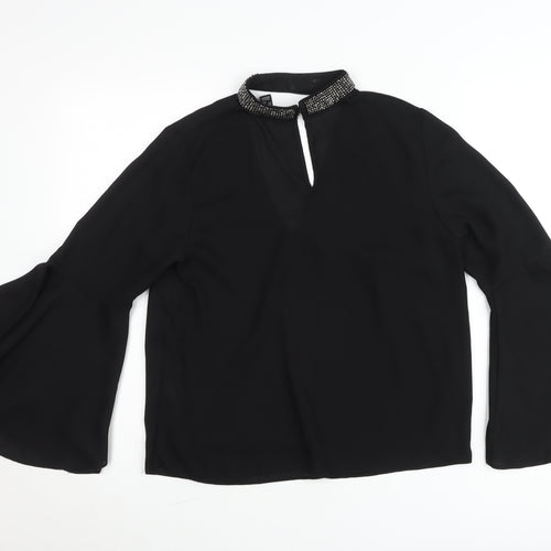 New Look Petite Black Beaded High Neck Bell Sleeve Blouse UK 12