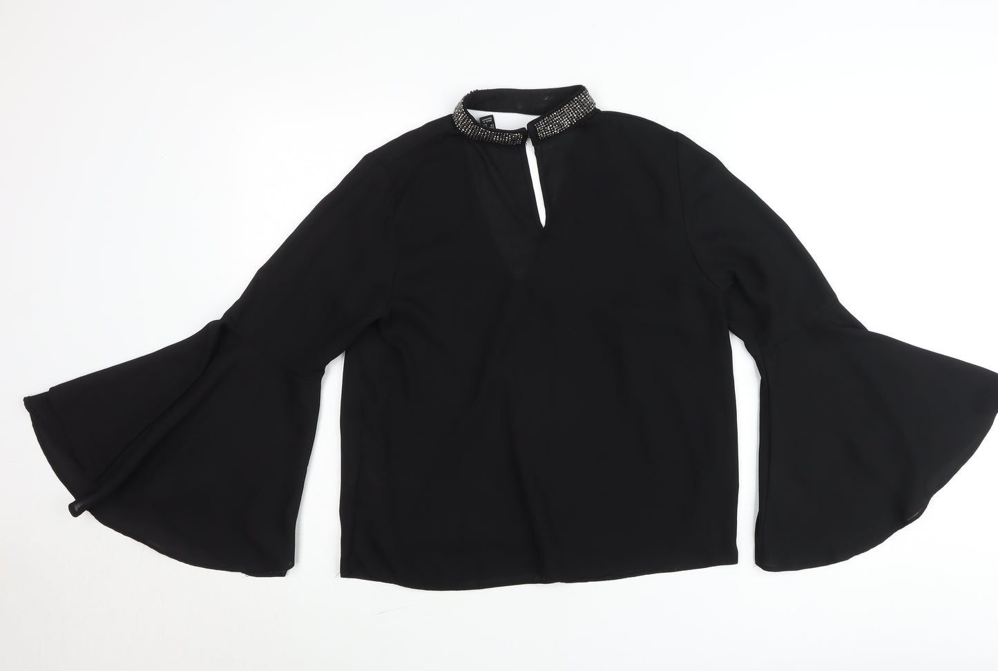 New Look Petite Black Beaded High Neck Bell Sleeve Blouse UK 12