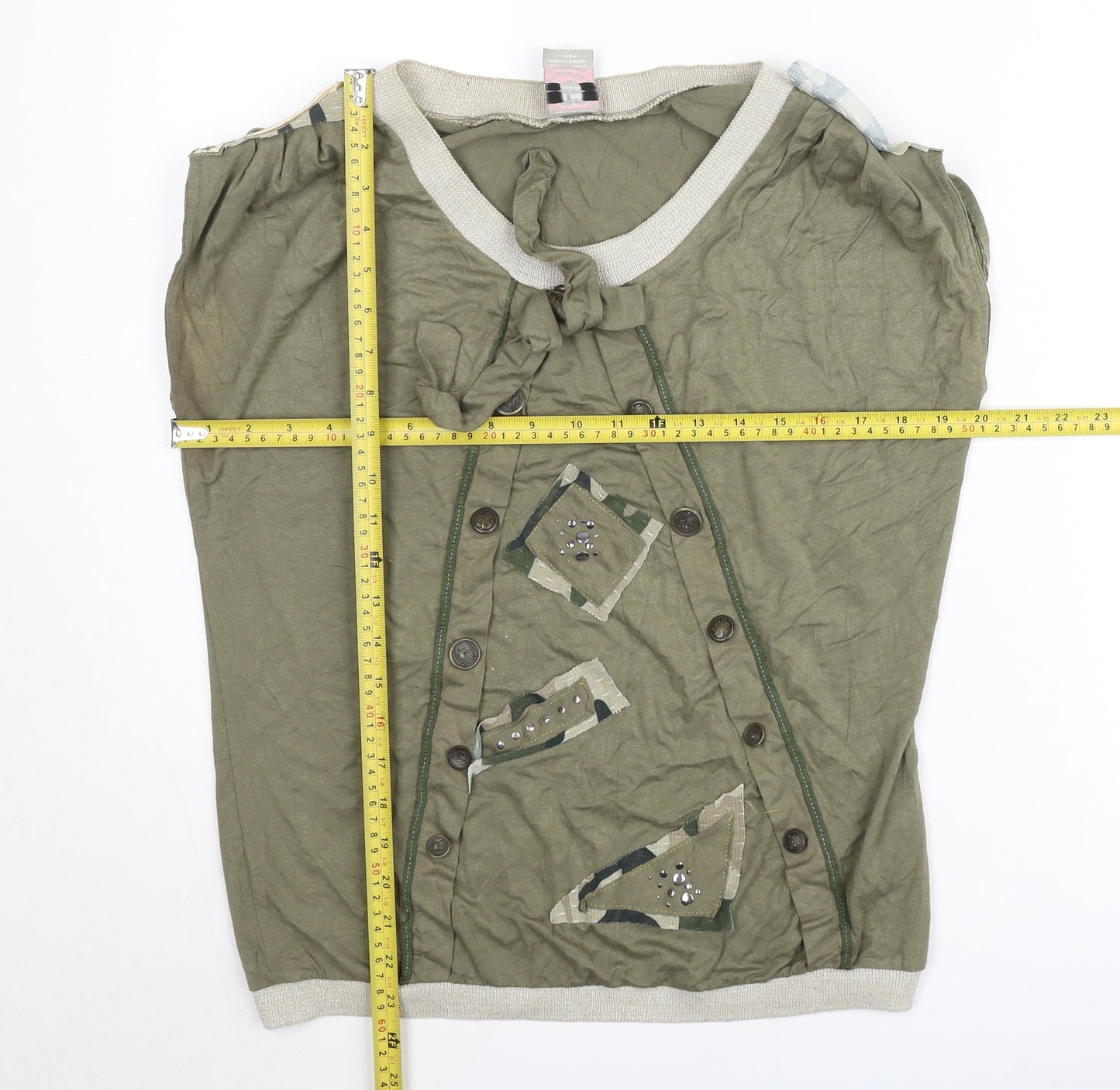 LM Lulu Paris Women's Green Embellished Short Sleeve Casual Top M