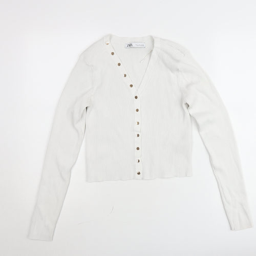 Zara Women White Ribbed Button-Up Cropped Knit Top Size L