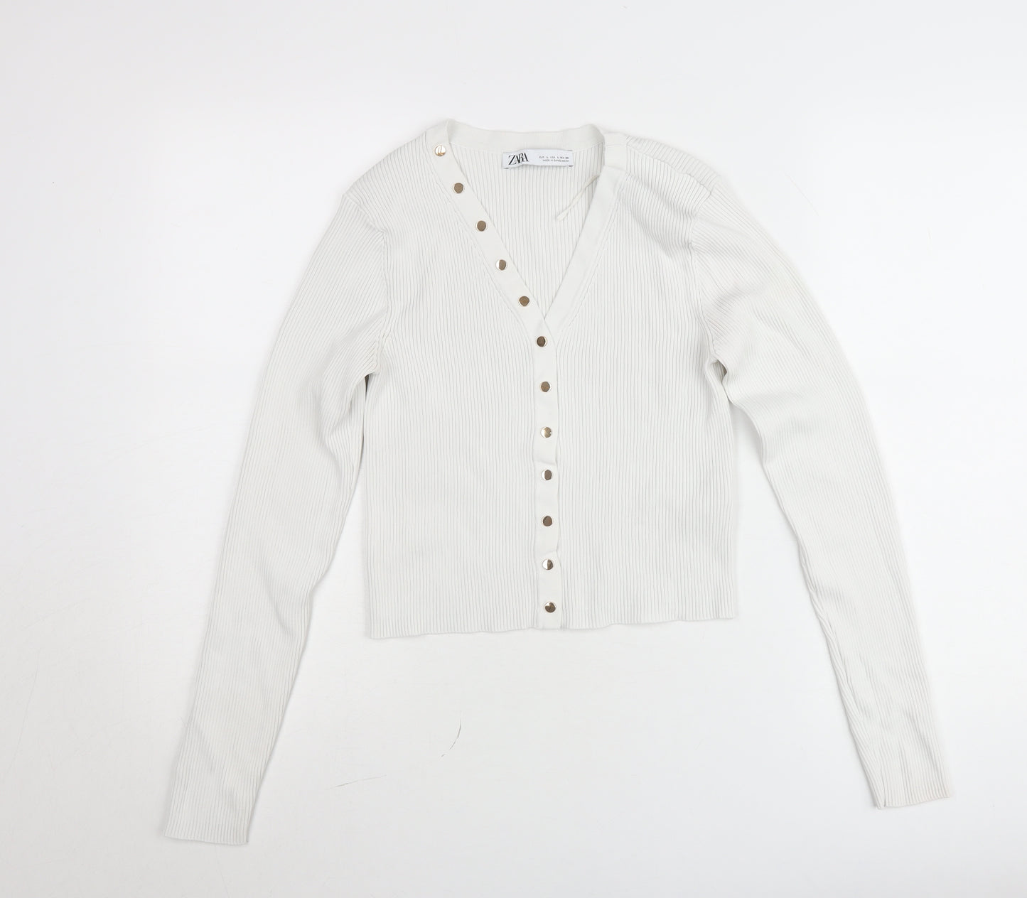 Zara Women White Ribbed Button-Up Cropped Knit Top Size L