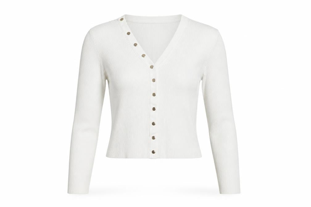 Front view of Zara Women White Ribbed Button-Up Cropped Knit Top, size L