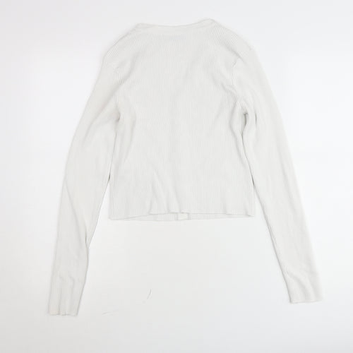 Zara Women White Ribbed Button-Up Cropped Knit Top Size L