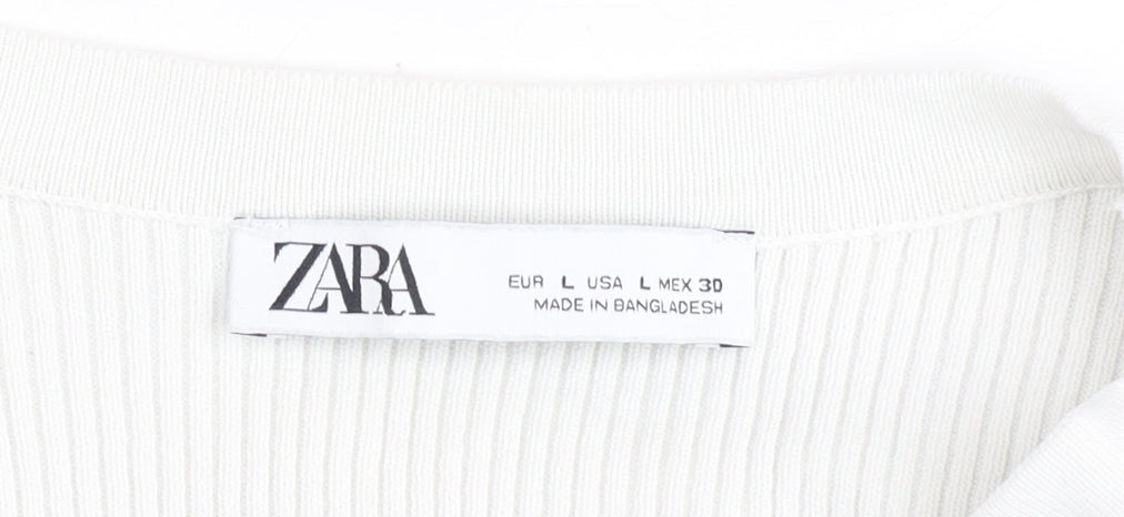 Zara Women White Ribbed Button-Up Cropped Knit Top Size L