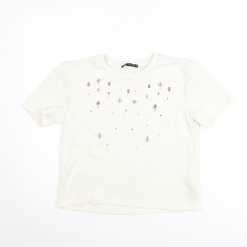 Zara Women Ivory Embellished Short Sleeve Cotton T-Shirt Size 12