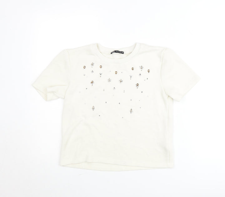 Zara Women Ivory Embellished Short Sleeve Cotton T-Shirt Size 12