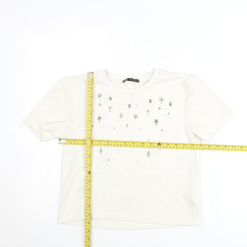 Zara Women Ivory Embellished Short Sleeve Cotton T-Shirt Size 12