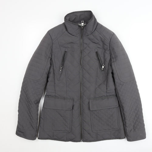 Next Women’s Grey Quilted Mid-Length Jacket Size 8 Lined Zip Casual
