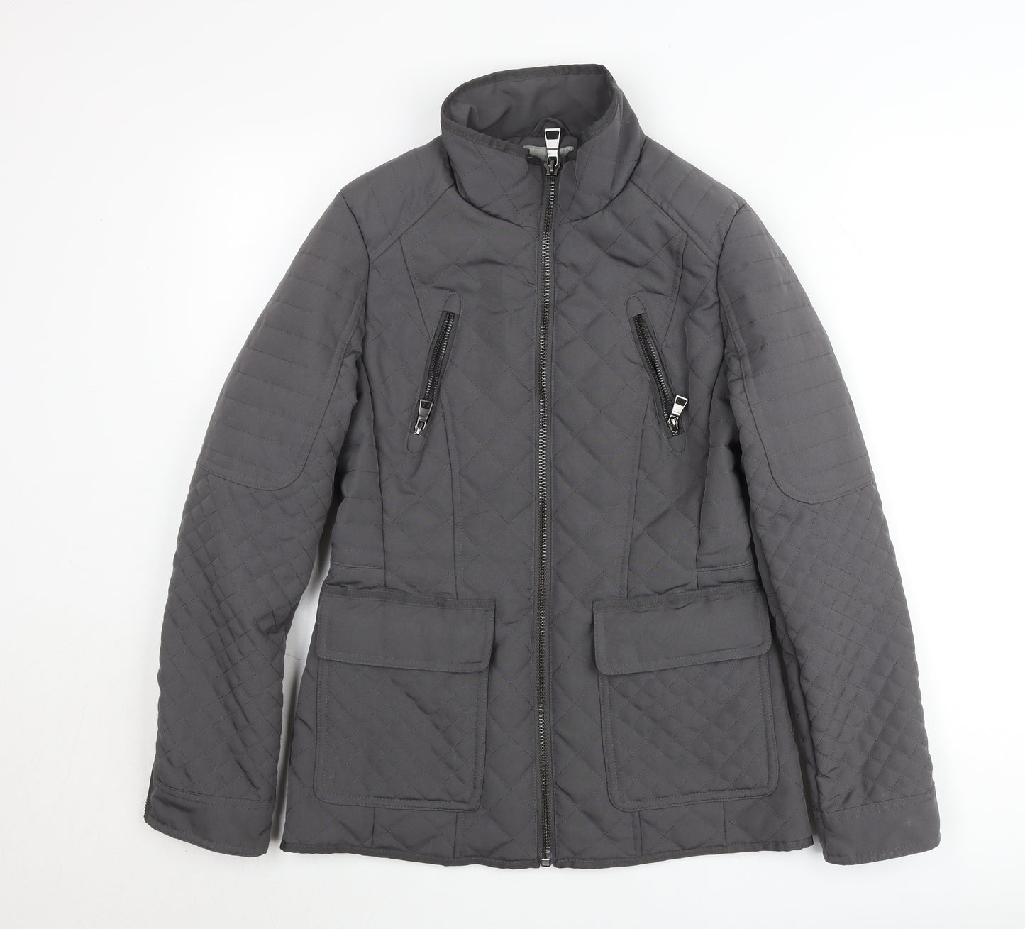 Next Women’s Grey Quilted Mid-Length Jacket Size 8 Lined Zip Casual