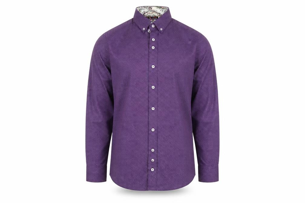 Front view of Vichi Men's Purple Geometric Button-Down Shirt Slim Fit, size S