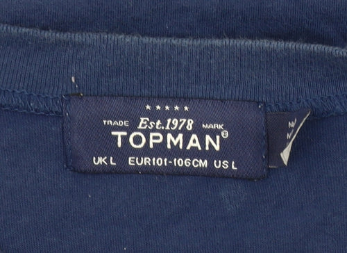 Topman Men's Blue Graphic Print Cotton Crew Neck T-Shirt Size L