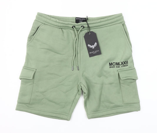 Brave Soul Men's Green Cargo Sweat Shorts Size L Elastic Waist