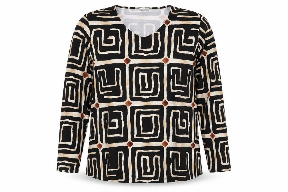 Front view of STRATEGGA women’s multicoloured geometric long sleeve polyester top, size 2XL