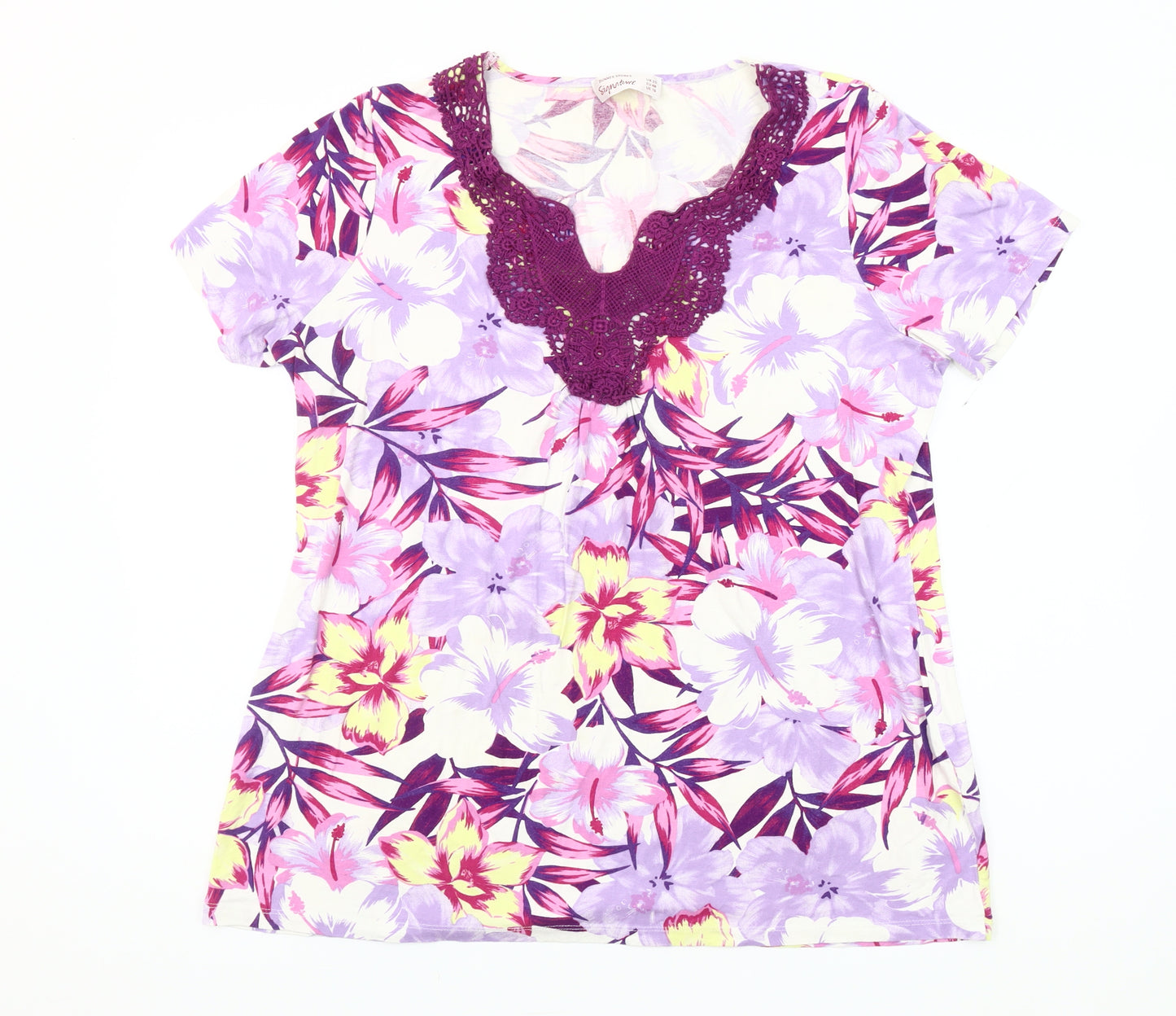 Dunnes Stores Womens Multicoloured Floral Crochet Neck Tunic T-Shirt Size 20