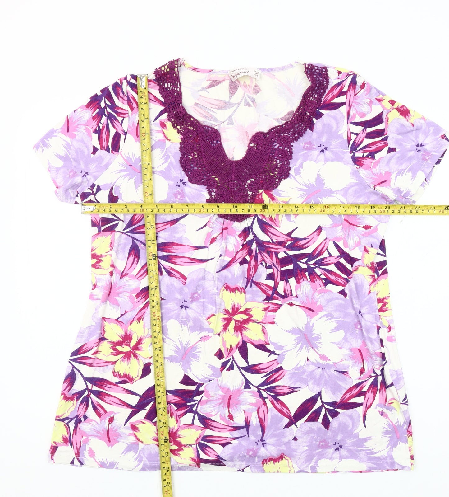 Dunnes Stores Womens Multicoloured Floral Crochet Neck Tunic T-Shirt Size 20