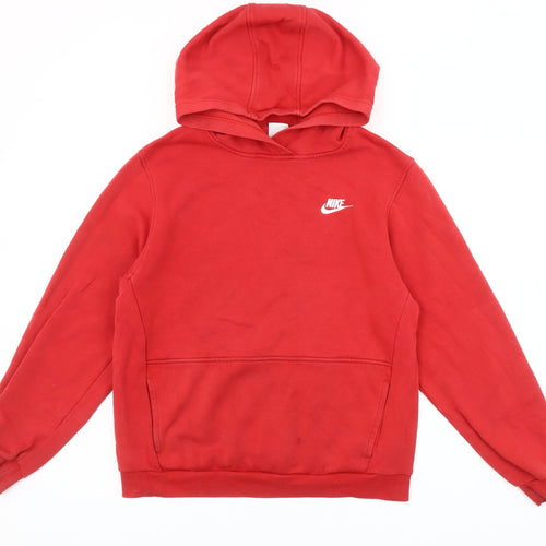Nike Red Pullover Hoodie Unisex Kids 13-14 Years Fleece Cotton Blend