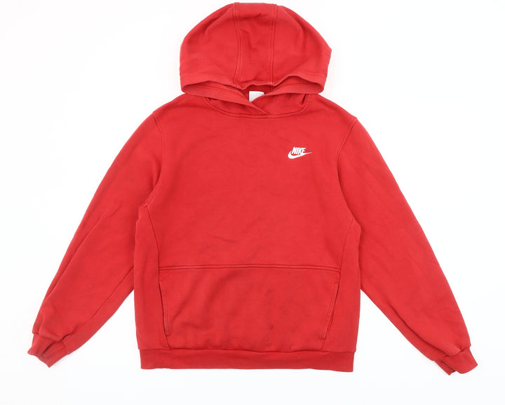 Nike Red Pullover Hoodie Unisex Kids 13-14 Years Fleece Cotton Blend