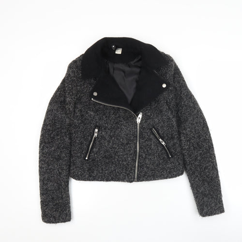 H&M Divided Women's Grey Wool Biker Jacket Size 8 Cropped Zip Style