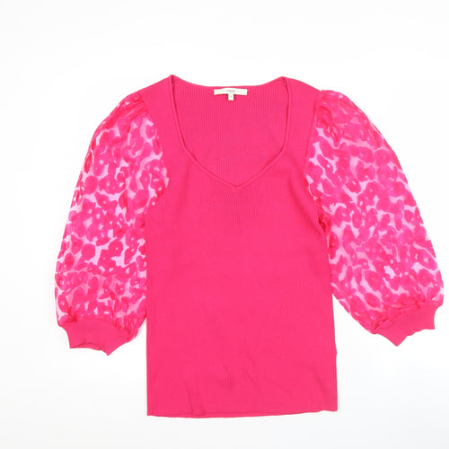 Next Women's Pink Puff Sleeve V-Neck Tunic Blouse Size 14