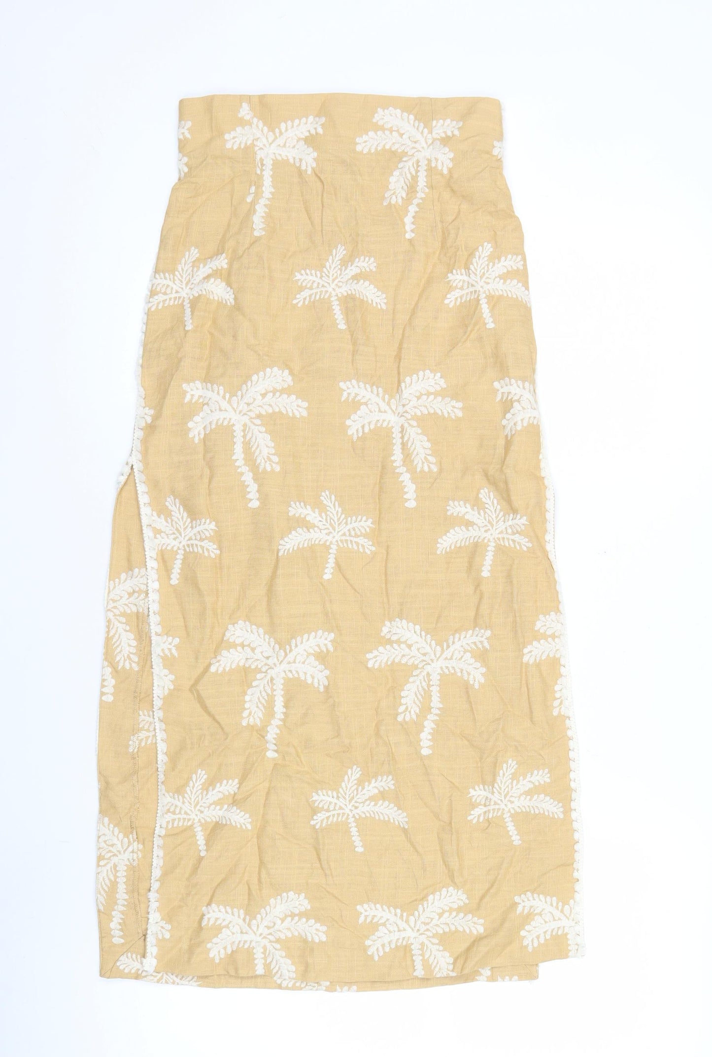 Zara Women Beige Embroidered Linen Blend Knee Length Skirt S