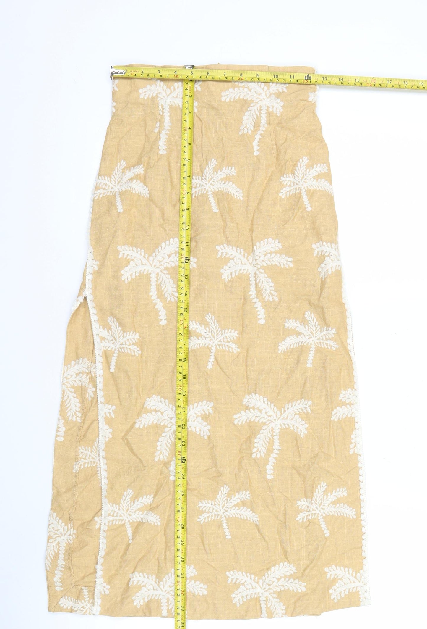 Zara Women Beige Embroidered Linen Blend Knee Length Skirt S