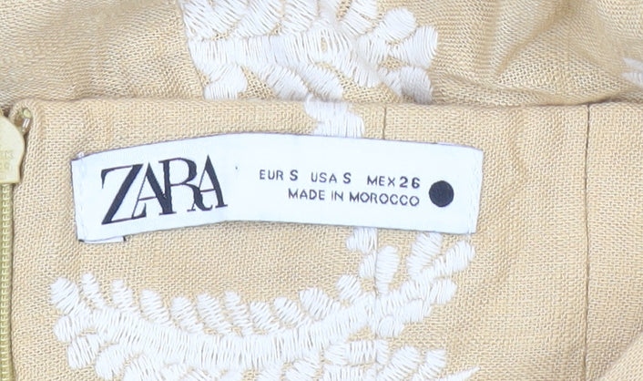 Zara Women Beige Embroidered Linen Blend Knee Length Skirt S