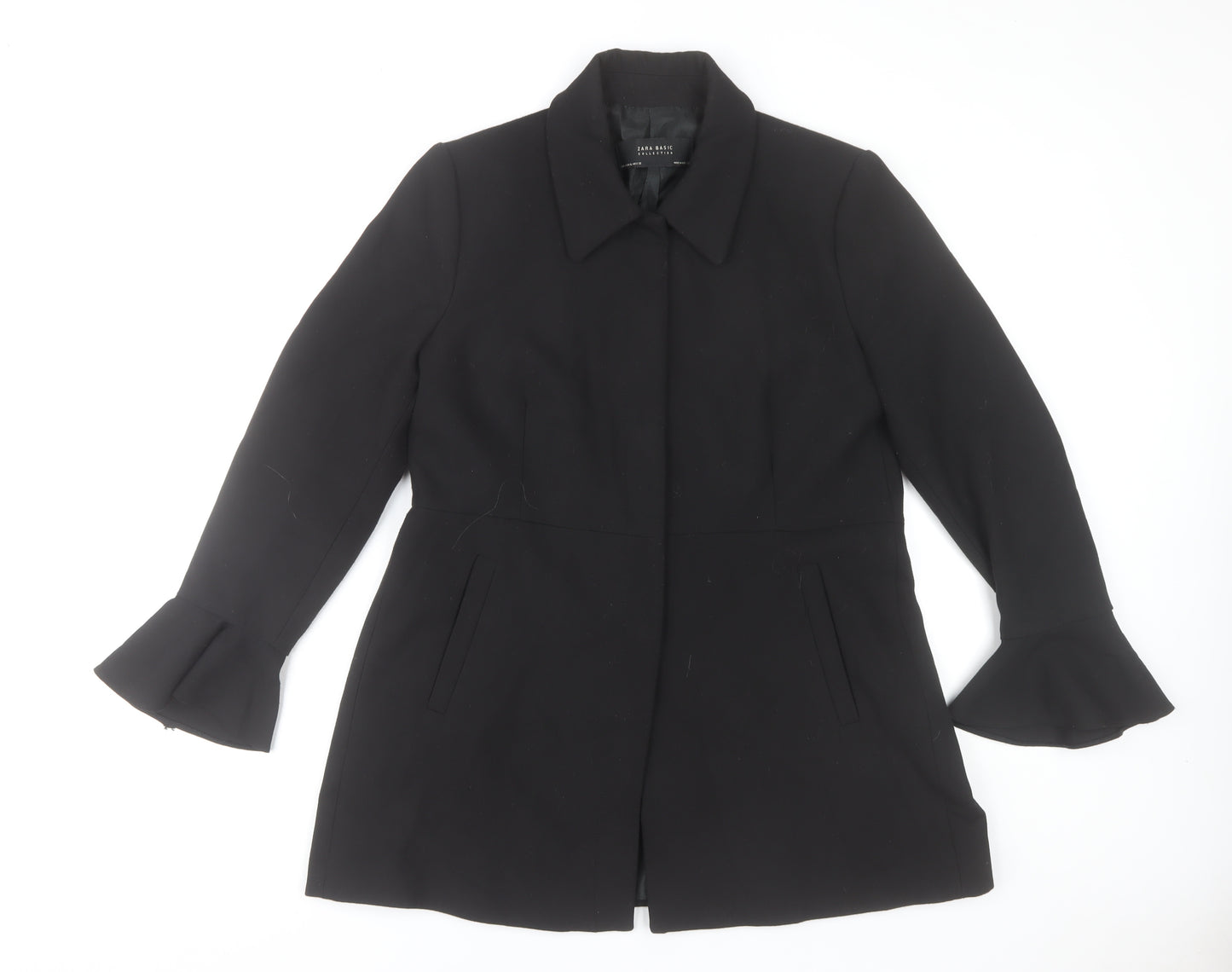 Zara Basic Women’s Black Ruffle Sleeve Mid-Length Coat Size 16