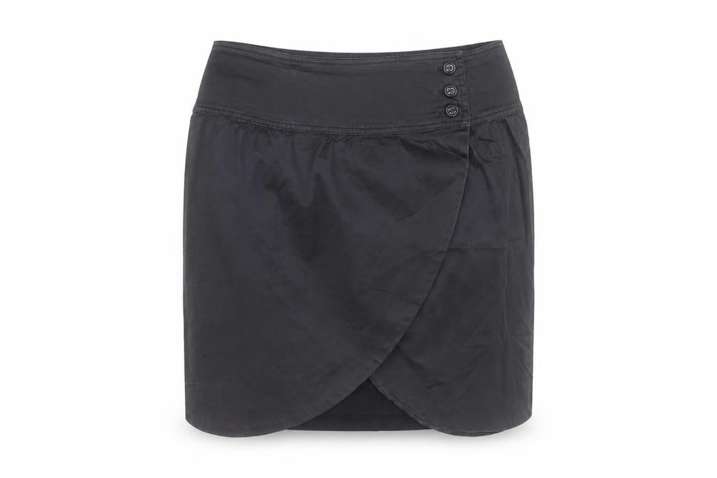 Front view of Tiddy Women's Black Wrap Short Skirt, size M, Cotton Stretch