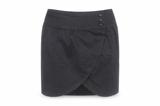 Front view of Tiddy Women's Black Wrap Short Skirt, size M, Cotton Stretch