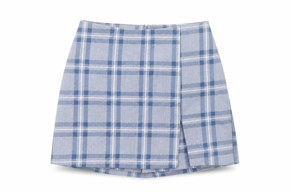 Front view of Misi & Co Women's Blue Plaid Wrap Skort Petites Cotton Blend