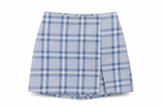 Front view of Misi & Co Women's Blue Plaid Wrap Skort Petites Cotton Blend