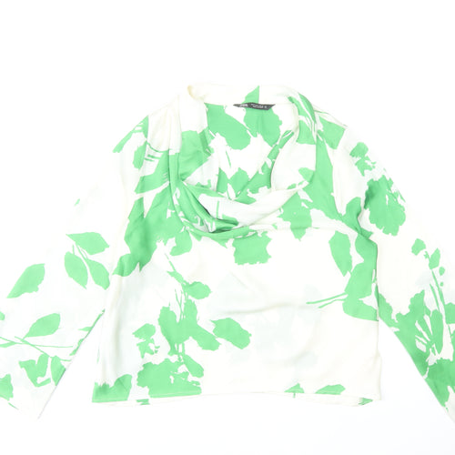 Zara Womens Green Floral Cowl Neck Long Sleeve Blouse Size S