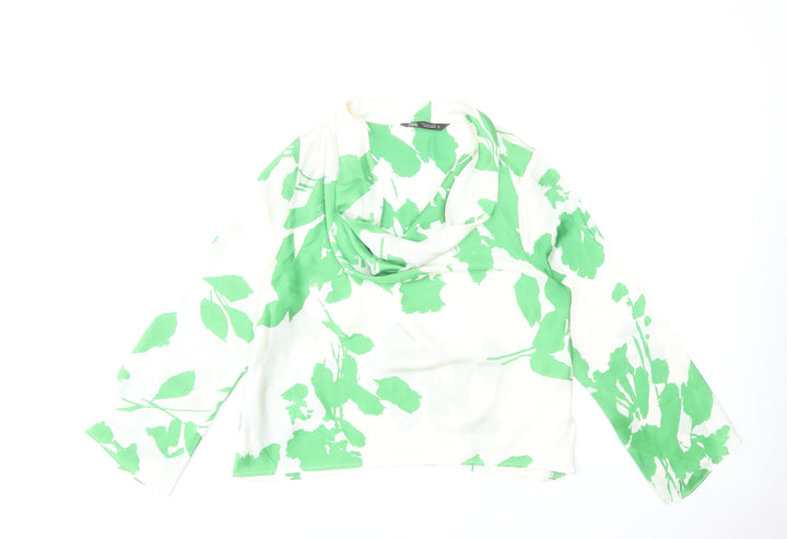 Zara Womens Green Floral Cowl Neck Long Sleeve Blouse Size S