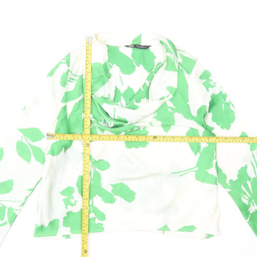 Zara Womens Green Floral Cowl Neck Long Sleeve Blouse Size S