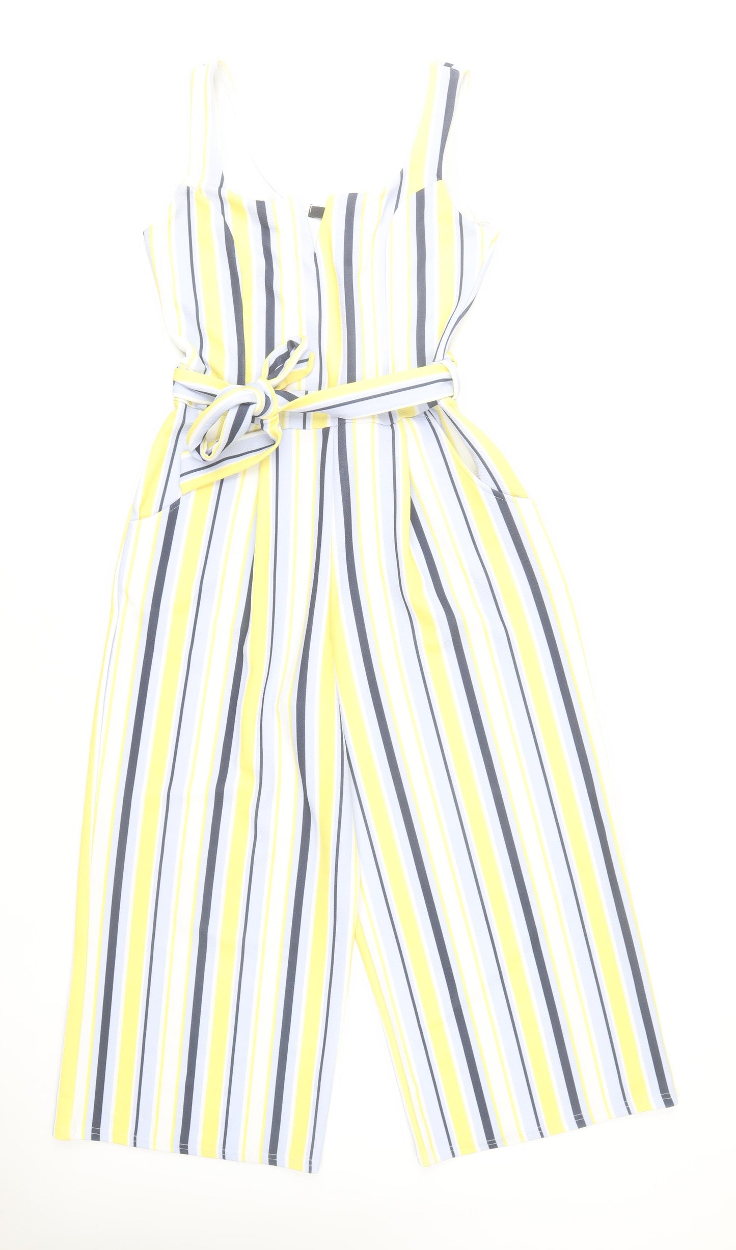 Quiz Women Yellow Striped Belted Jumpsuit Size 12 Polyester Blend