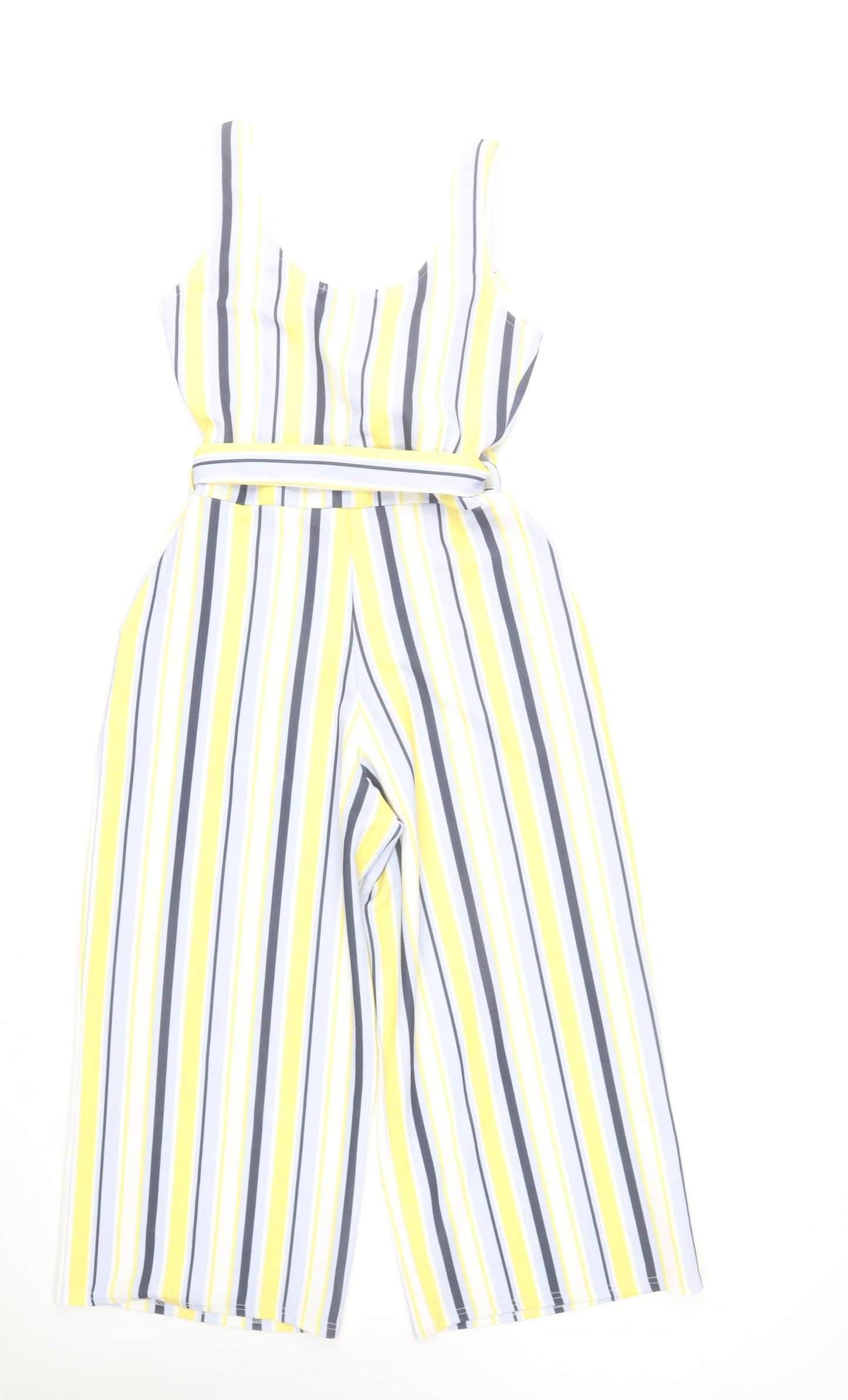 Quiz Women Yellow Striped Belted Jumpsuit Size 12 Polyester Blend