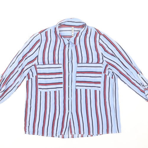 Stradivarius Women's Blue Striped Button-Up Shirt Size 8
