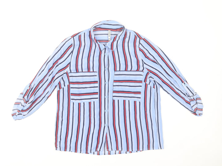 Stradivarius Women's Blue Striped Button-Up Shirt Size 8